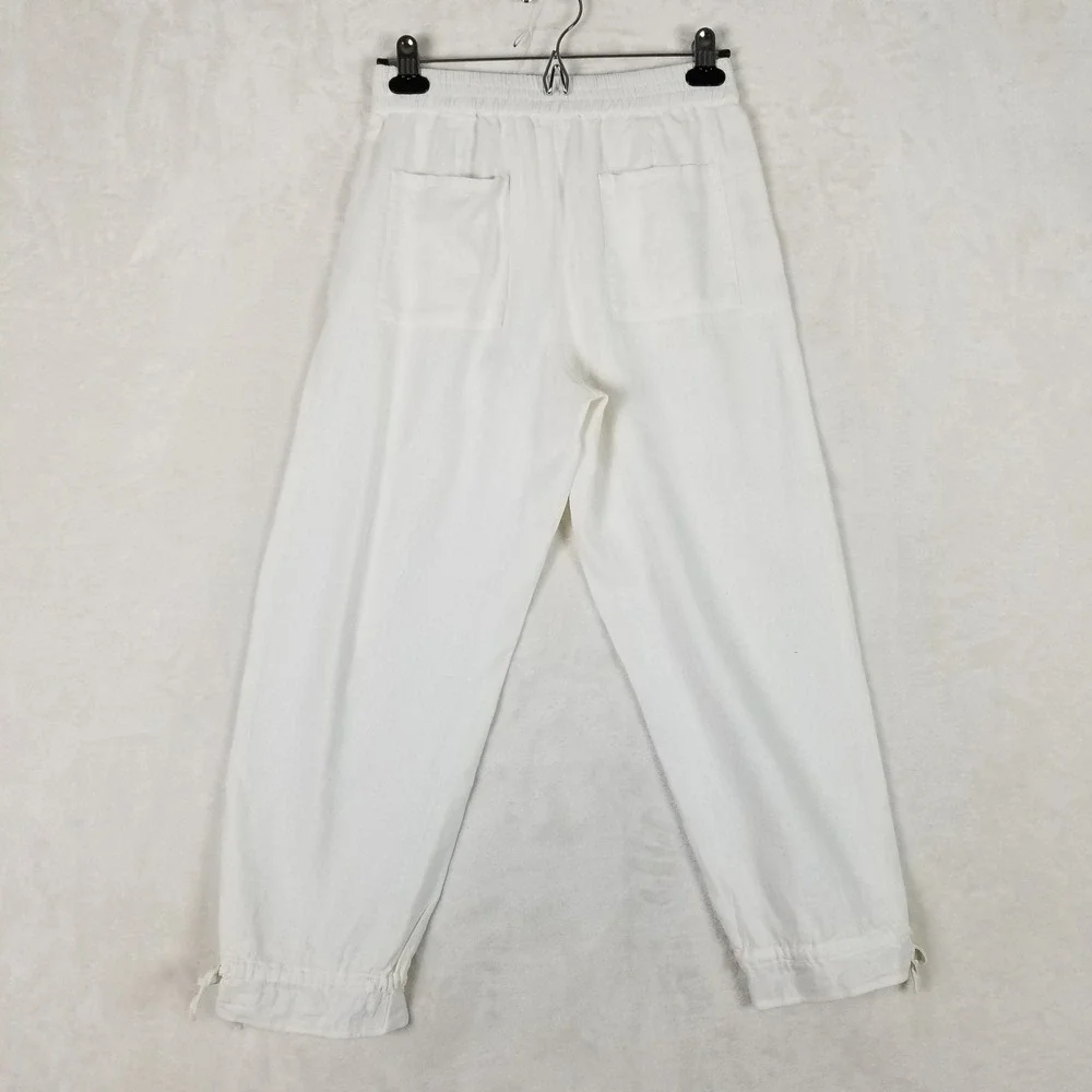 Zara Linen Blend Pants Womens XS White Elastic Waist Tie Hem Casual Trousers